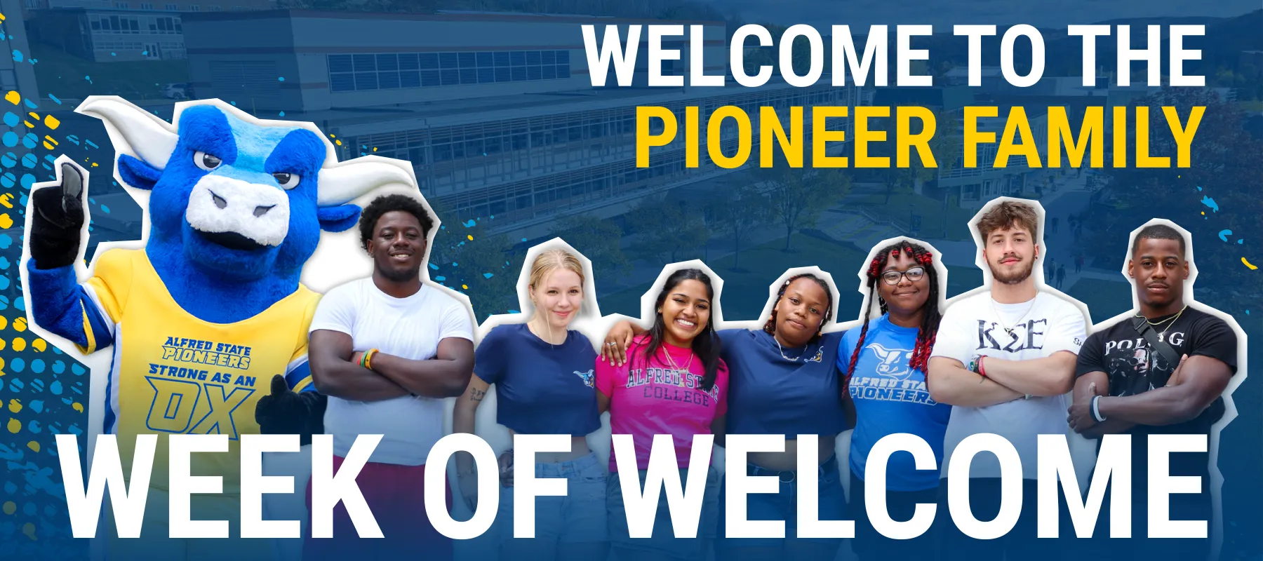 A digital graphic depicting seven students standing together with the words "Week of Welcome" behind them.