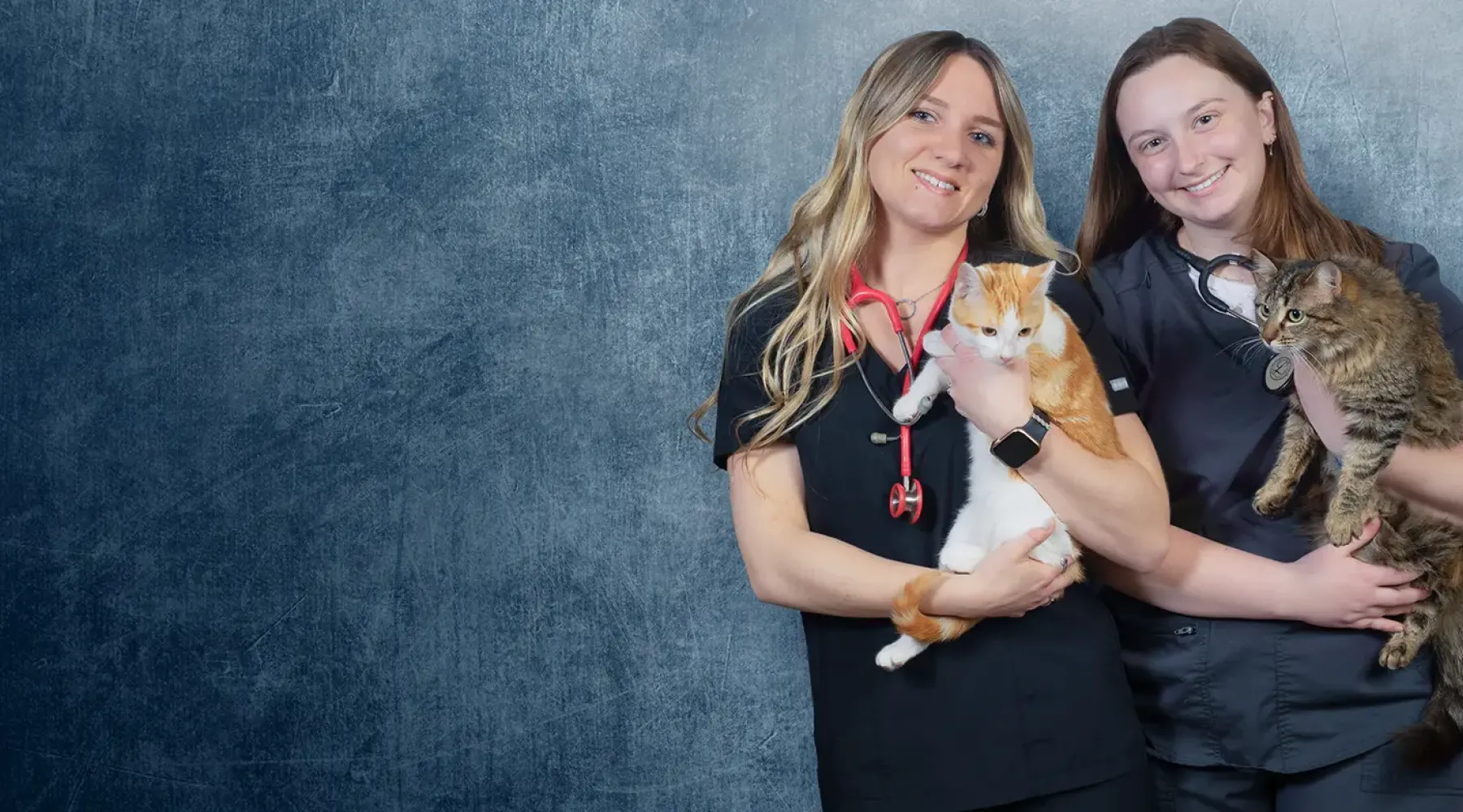 Two vet tech students holding cats.