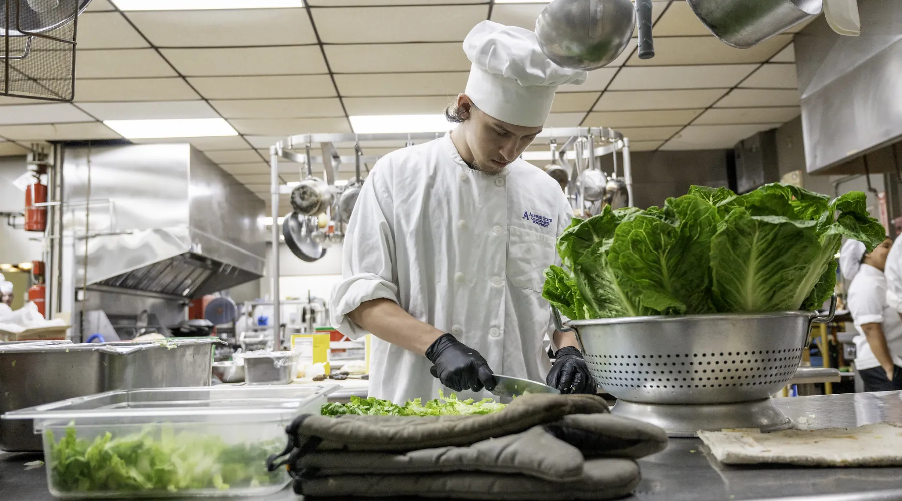 A culinary student chopping vegetables.