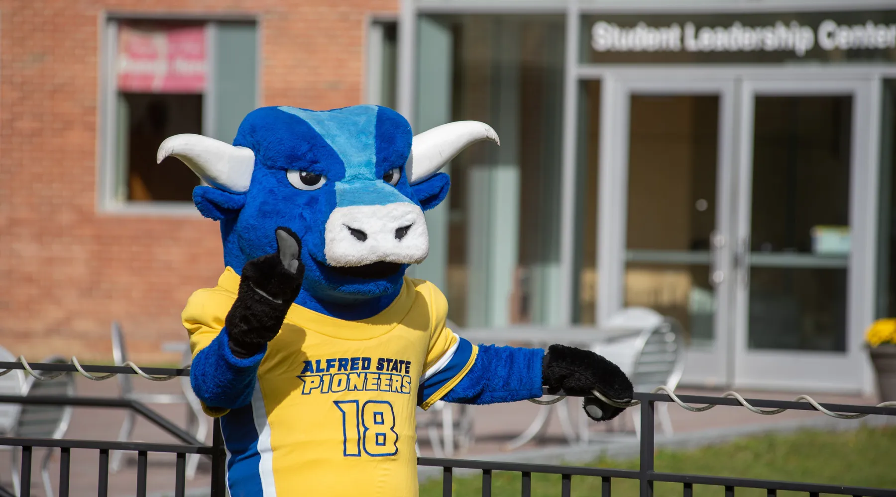 Alfred State's posed in front of a building