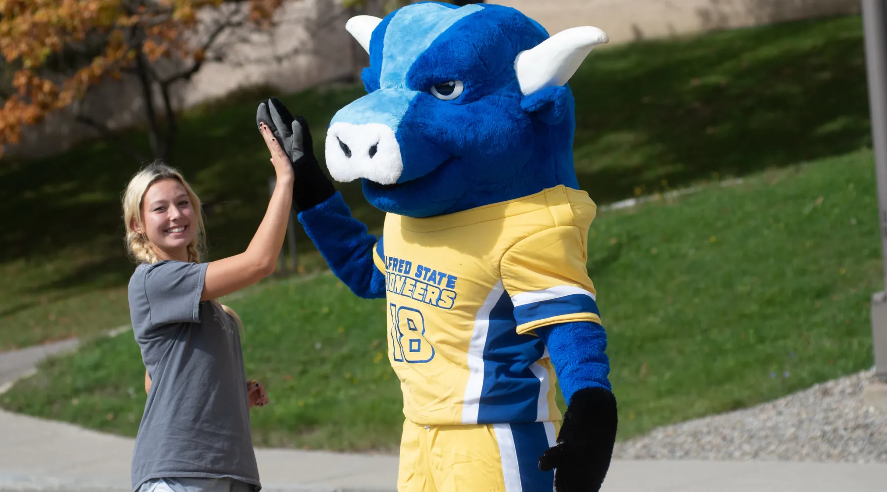 Alfred State's mascot giving a high five to a female student.