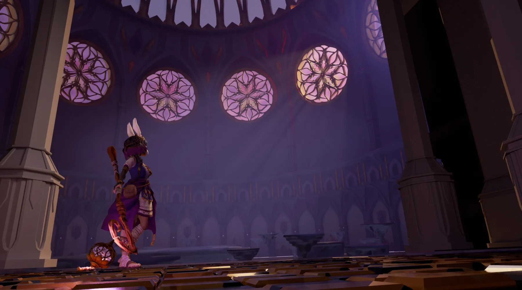 Digital artwork depicting a large room with stained glass windows and a character in the center