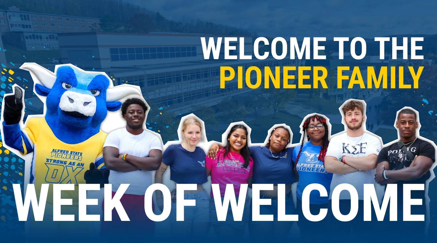 A digital graphic depicting seven students standing together with the words "Week of Welcome" behind them.